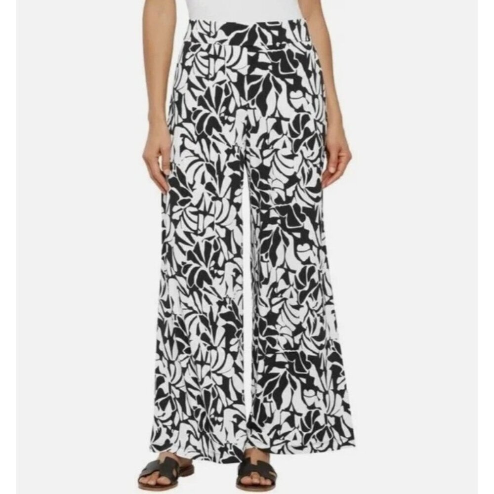 NEW Three Dots Women's M Wide Leg Black & White Printed Pants Polyester M0456